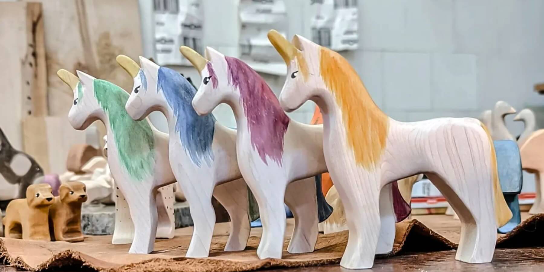 NOM Handcrafted Rainbow Unicorn Wooden Toy Figures for small world imaginative play