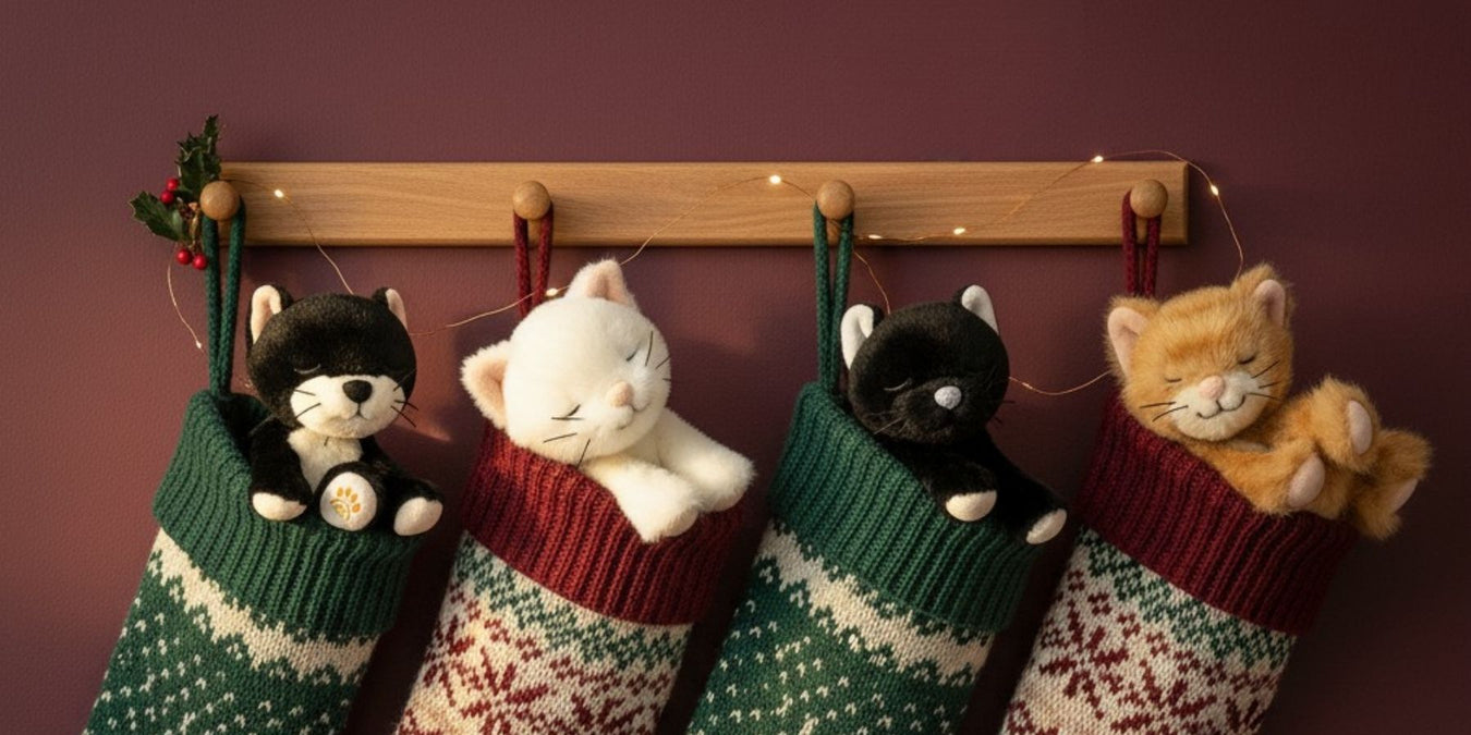Four knitted stockings with new Olli Ella Binky Kittens for Christmas 