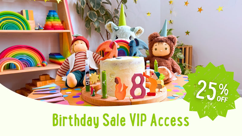 Children's birthday party setup with toys, a cake, and a '25% off Birthday Sale VIP Access' offer for Oskar's Wooden Ark's 8th birthday.