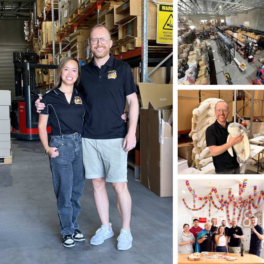 A collection of four images showing Simon and Thuy in the Oskar's Wooden Ark warehouse, as well as the team enjoying a celebration