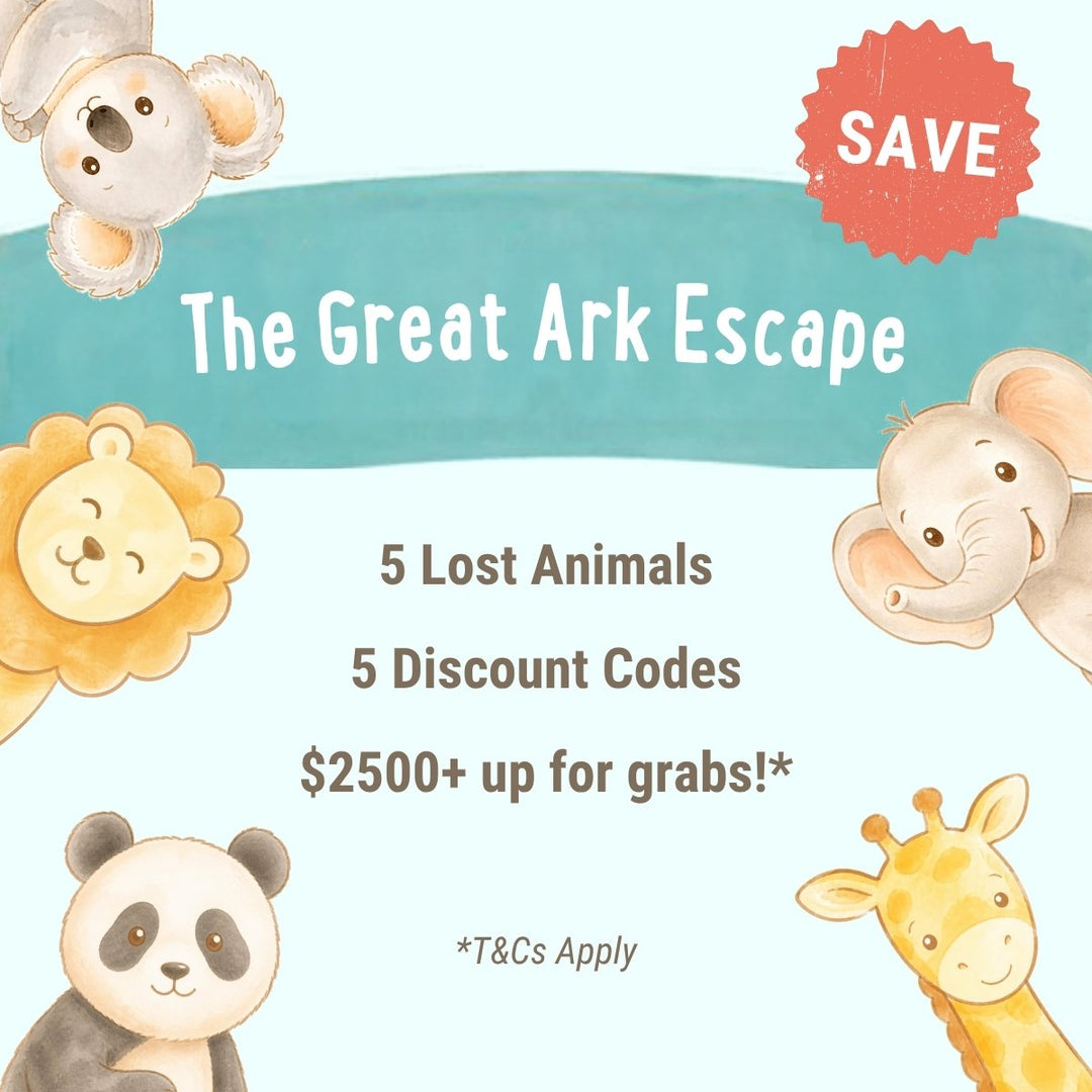 Promotional graphic for 'The Great Ark Escape' featuring watercolor illustrations of a koala, lion, elephant, panda, and giraffe around the text 'SAVE', '5 Lost Animals', '5 Discount Codes', and '$2500+ UP FOR GRABS!' - Oskar's Wooden Ark