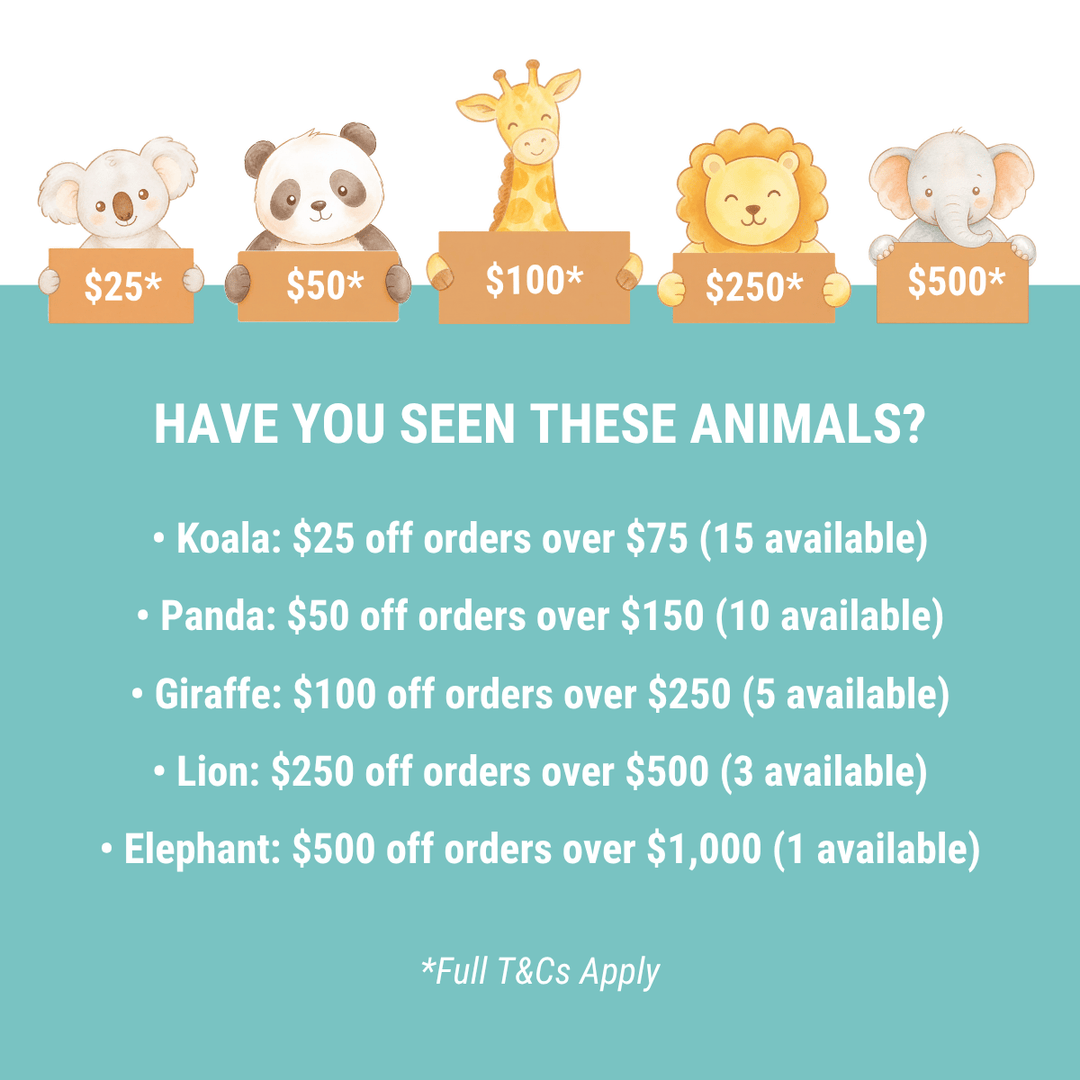 A promotional graphic with cartoon koala, panda, giraffe, lion, and elephant illustrations holding discount signs above a teal text panel listing animal names and order thresholds for discounts.