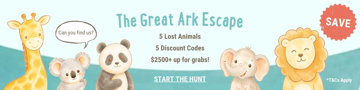 Promotional graphic for 'The Great Ark Escape' featuring watercolor illustrations of a koala, lion, elephant, panda, and giraffe around the text 'SAVE', '5 Lost Animals', '5 Discount Codes', and '$2500+ UP FOR GRABS!' - Oskar's Wooden Ark