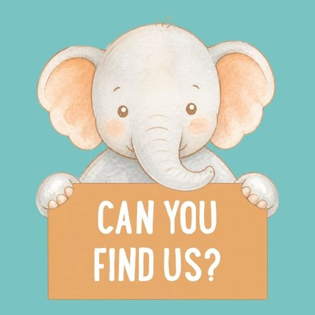 Elephant holding a sign with the words, "Can you find us?"