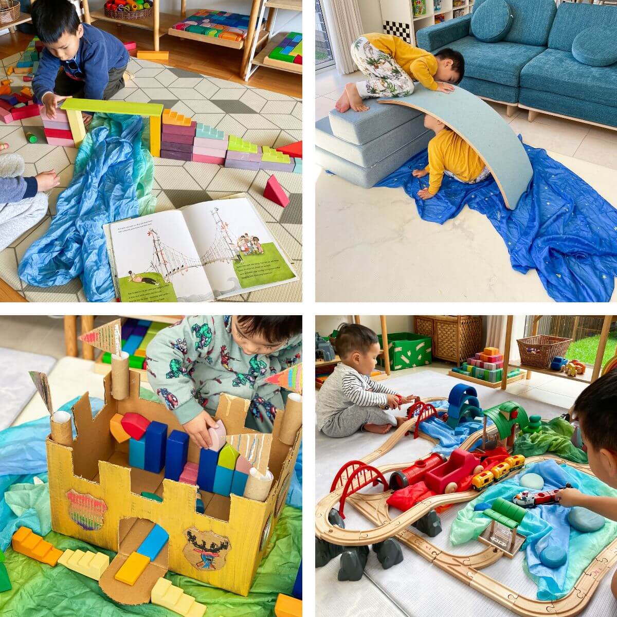 A four-panel collage showing children playing with colourful Sarah's Silks Playsilks as part of small world play and storytelling in a colourful playroom setting