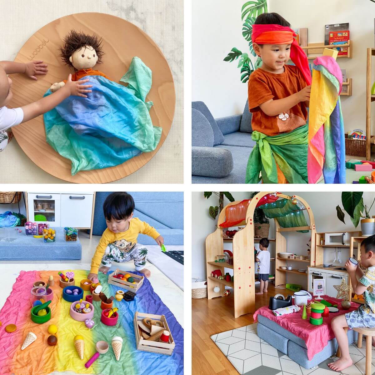 A four-panel collage showing children role playing with colourful Sarah's Silks Playsilks and toy kitchen accessories in a bright indoor playroom. The scenes include a doll with a blue-green playsilk blanket, a child wearing a rainbow headband and sash, a child playing on a rainbow mat with small toy food and utensils, and a child dining at a small play kitchen table.