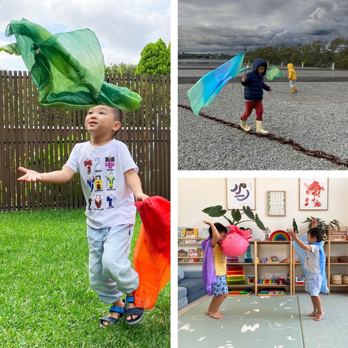 A three-panel collage showing children playing with large fabric Sarah's Silks Playsilks outdoors and indoors. The left panel shows a young boy jumping on grass with a green playsilk in the air.