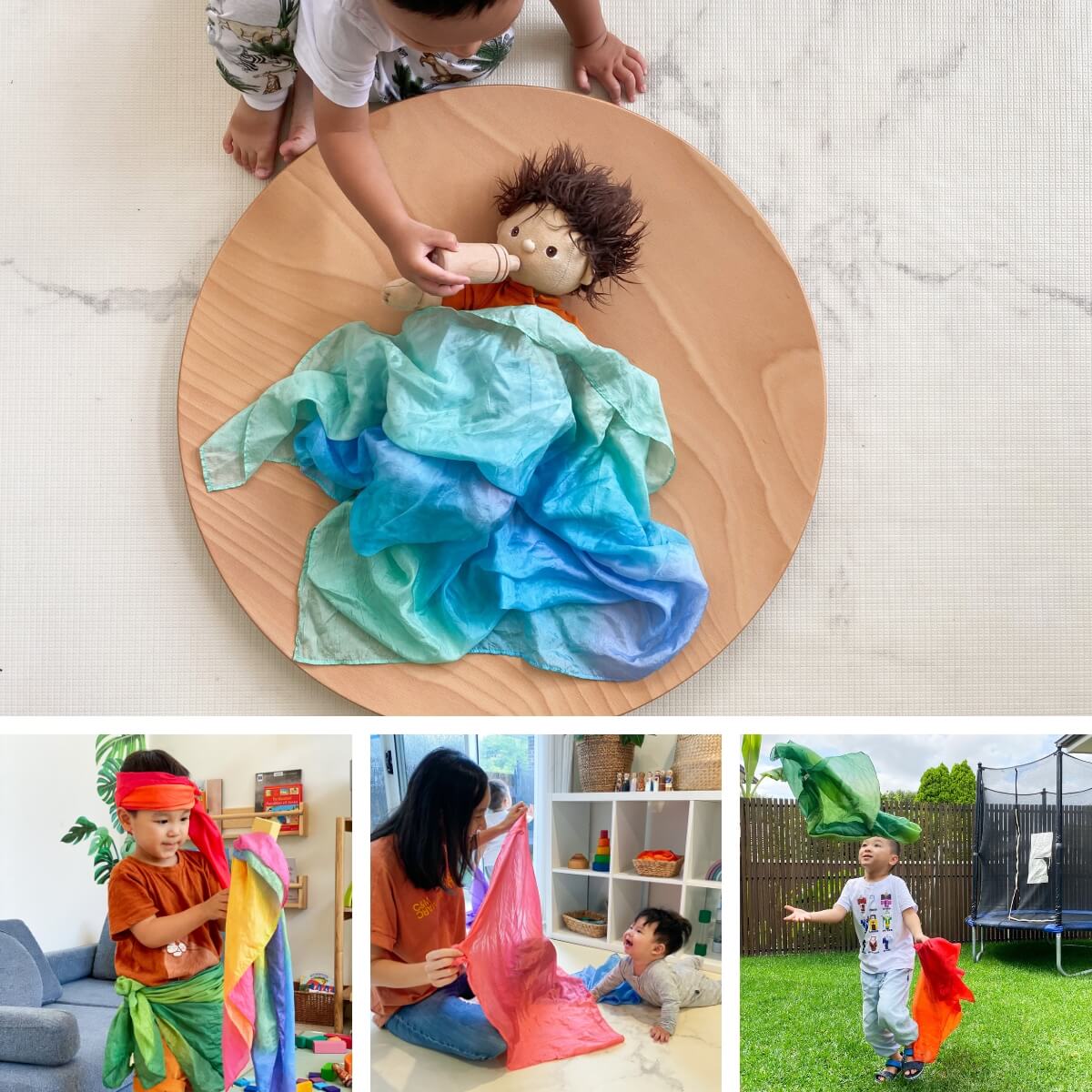 Children dressing up and playing with colourful play silks from Oskar's Wooden Ark