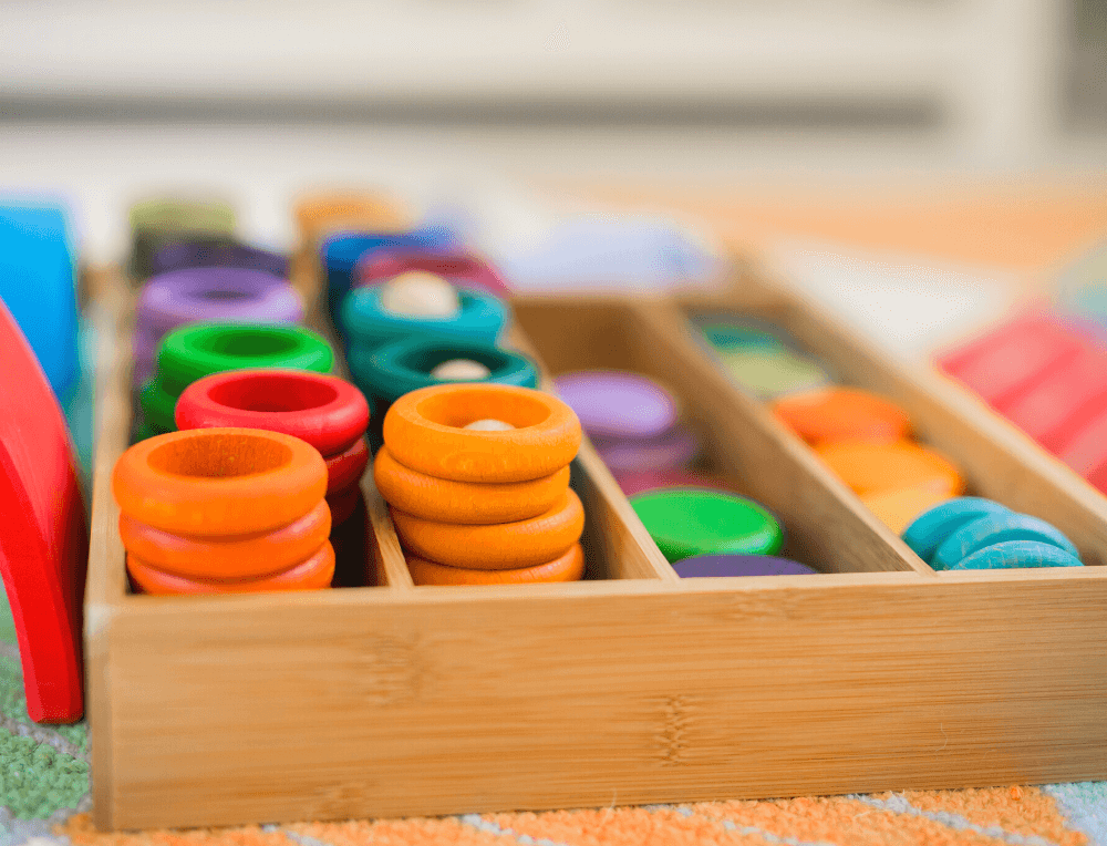 Grimm's Large Rainbow and Rainbow coloured Friends for open-ended stacking and sorting play, from Oskar's Wooden Ark in Australia