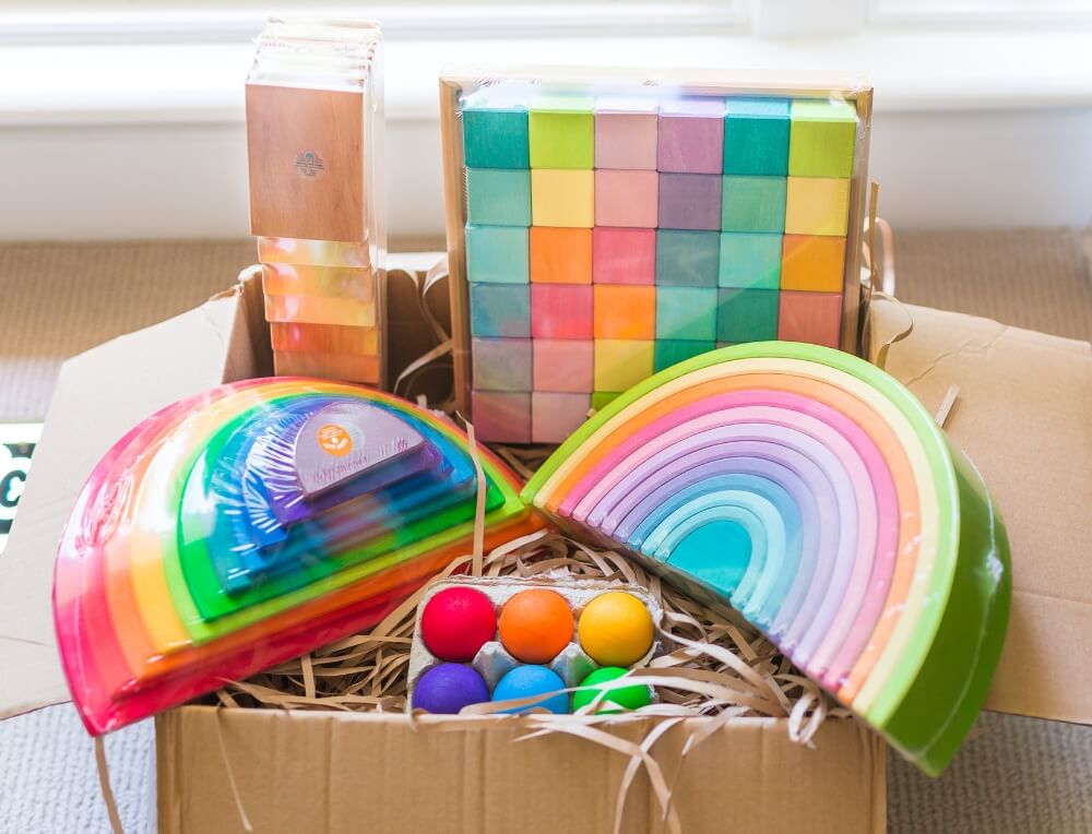 Grimm's wooden toys in a delivery box - pre-orders available at Oskar's Wooden Ark, online