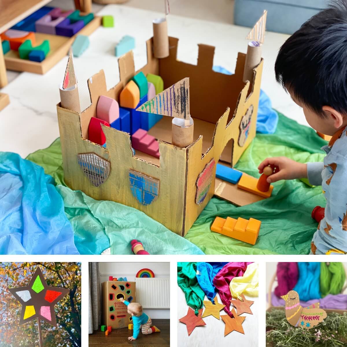 A collage showing children's eco-friendly craft and play activities using cardboard boxes -  to encourage recycling and reusing of materials, alongside toys and craft supplies from Oskar's Wooden Ark in Australia