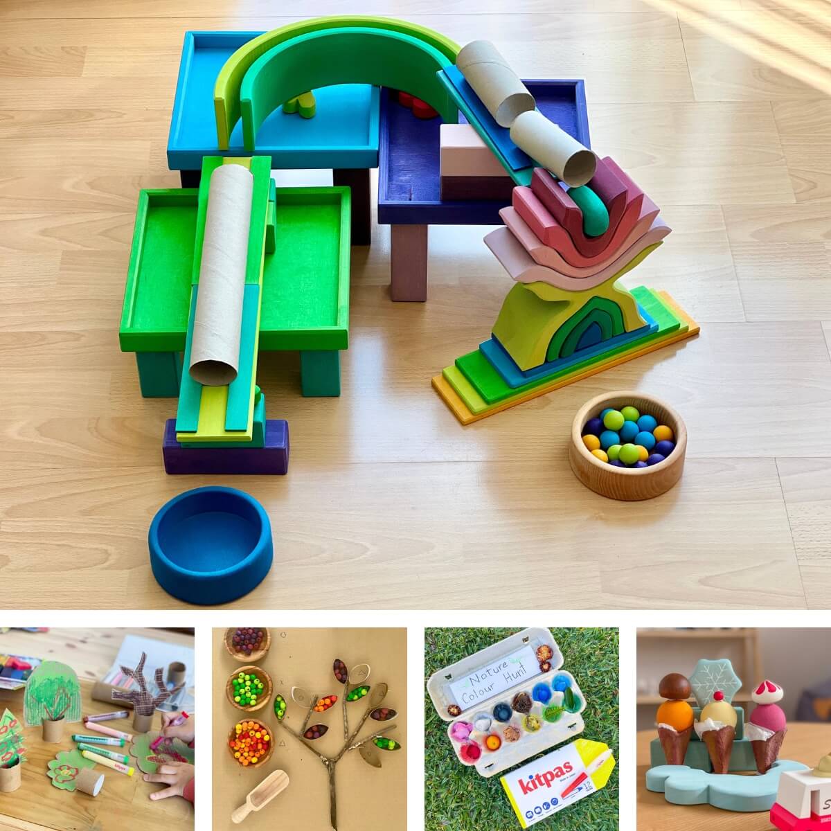 A collage showing children's eco-friendly craft and play activities using cardboard tubes and egg boxes -  to encourage recycling and reusing of materials, alongside toys and craft supplies from Oskar's Wooden Ark in Australia