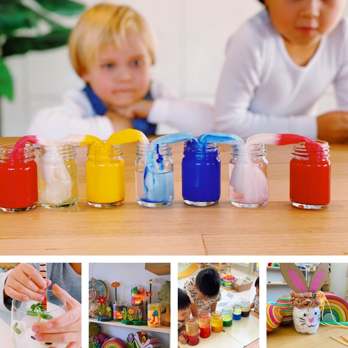 A collage showing children's eco-friendly craft and play activities using glass jars -  to encourage recycling and reusing of materials, alongside toys and craft supplies from Oskar's Wooden Ark in Australia