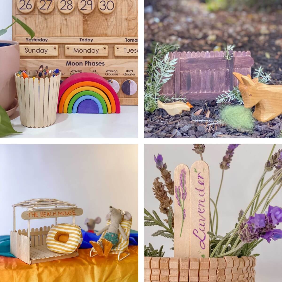 A collage showing children's eco-friendly craft and play activities using wooden popsicle sticks -  to encourage recycling and reusing of materials, alongside toys and craft supplies from Oskar's Wooden Ark in Australia