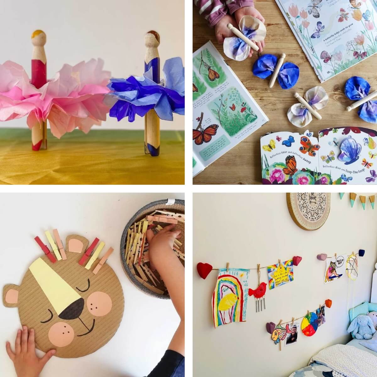 A collage showing children's eco-friendly craft and play activities using wooden pegs -  to encourage recycling and reusing of materials, alongside craft supplies from Oskar's Wooden Ark in Australia