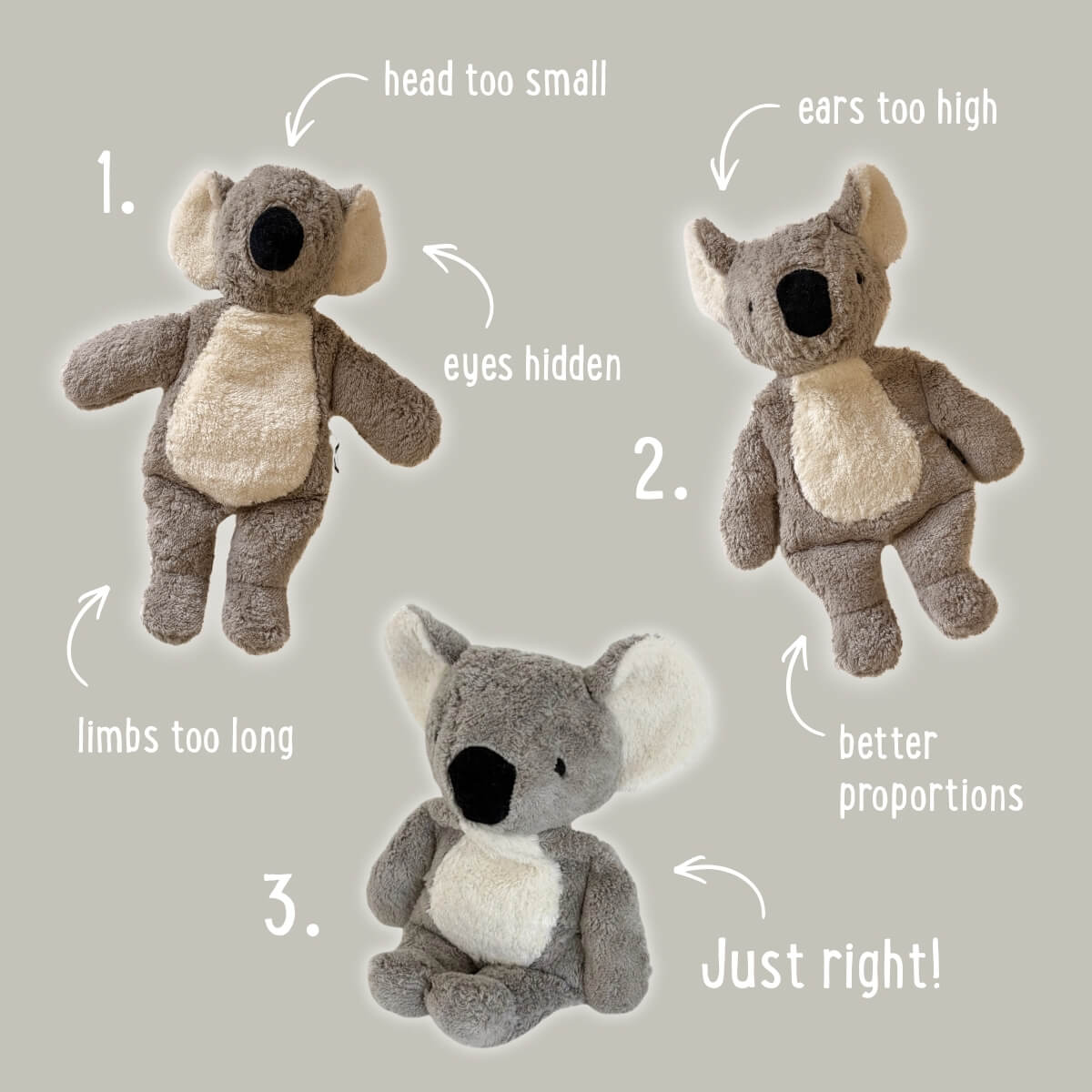 Diagram showing the creation process of the limited edition SENGER Koala for Oskar's Wooden Ark Australia. Three SENGER koala designs shown on a light grey background with handwritten-style callouts and arrows pointing out design improvements versus the final product. 