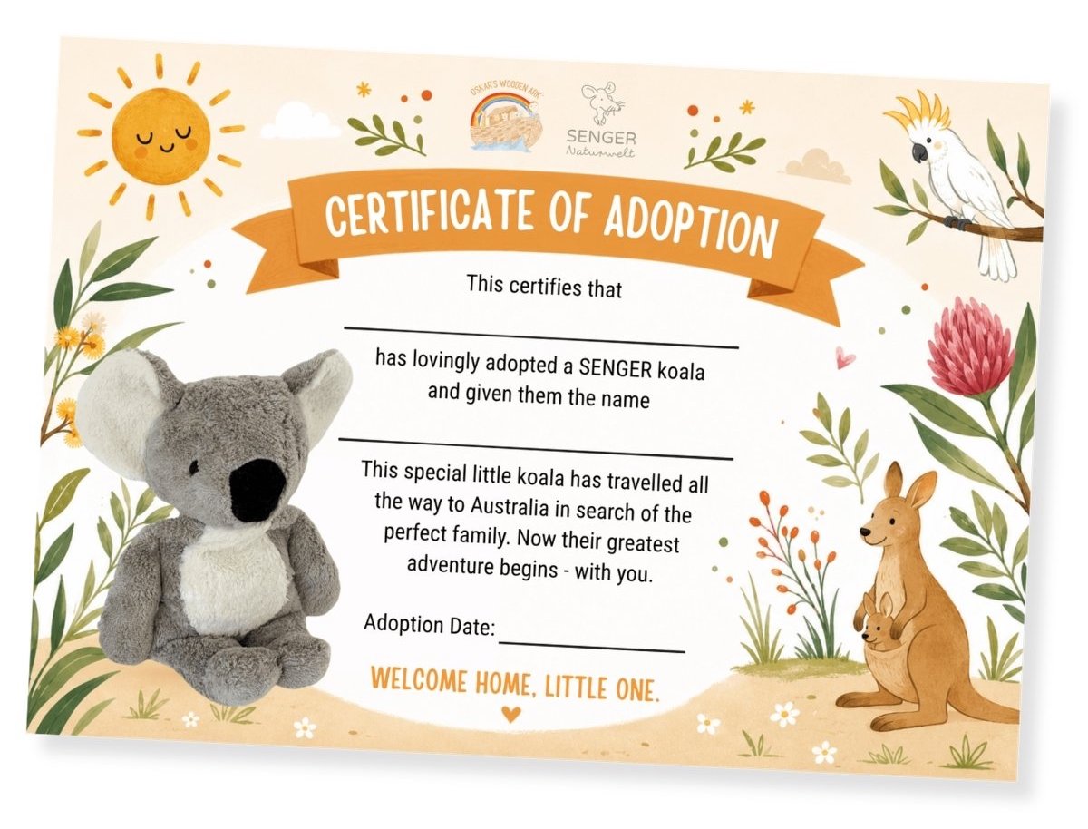 A decorative 'Certificate of Adoption' card for a SENGER koala from Oskar's Wooden Ark in Australia, featuring a plush grey koala on the left, a kangaroo on the right, and floral illustrations around the border. The card includes text fields for adoption details.