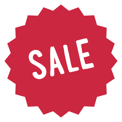 Red star-shaped sale label with 'SALE' text on a white background