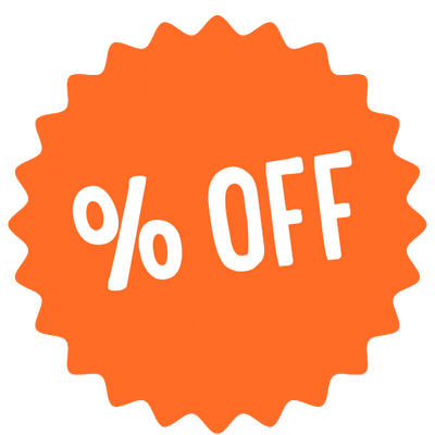 Orange badge with '% OFF' text 