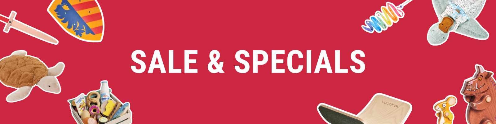 A promotional sale graphic with the word SALE in large white letters on a red background, surrounded by cutout illustrations of toys including a VAH sword and shield, stuffed animals, toy Gruffalo figures, Wobbel board, silk streamer and assorted Erzi play food from Oskar's Wooden Ark.