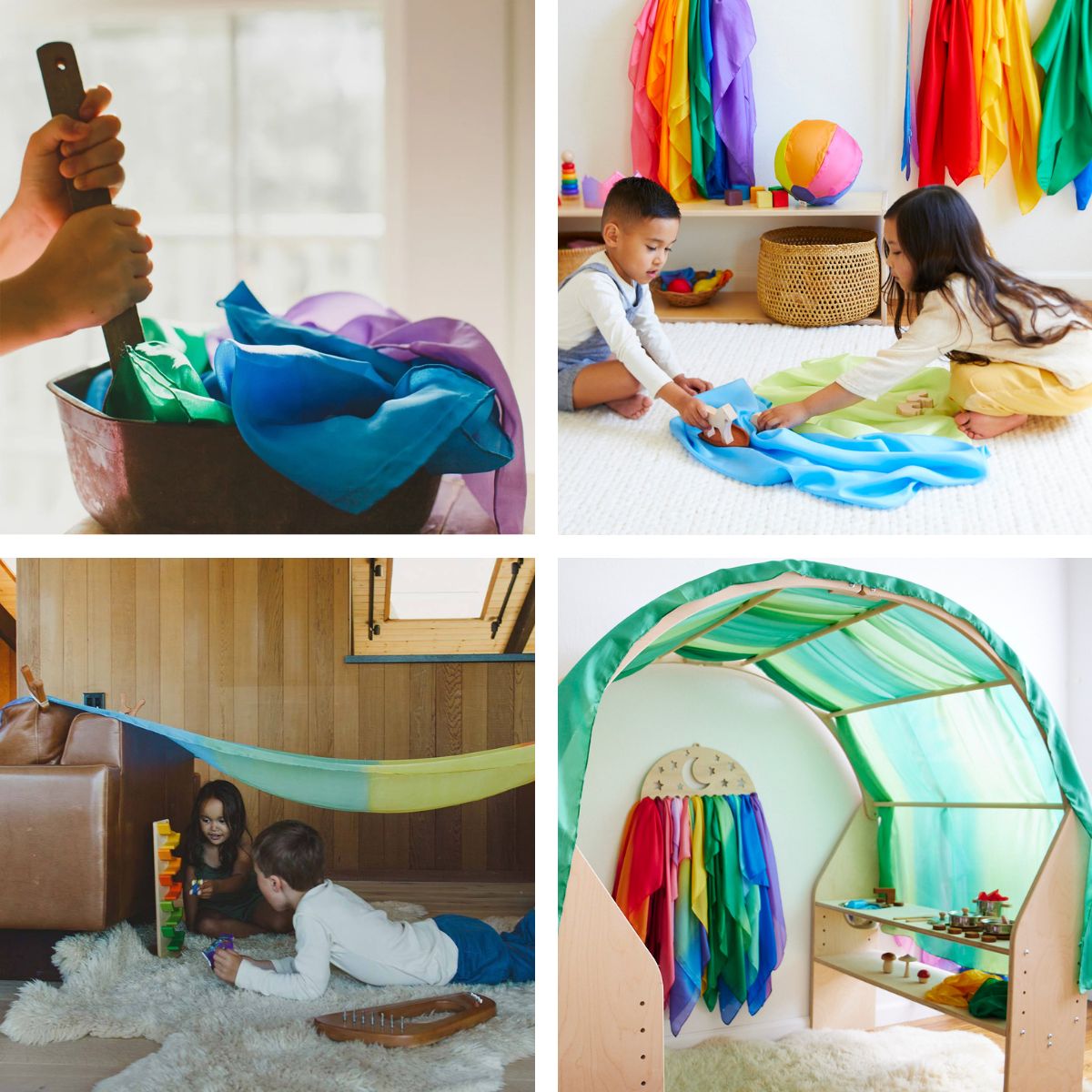 A four-panel collage showing colourful Sarah's Silks playsilks in different sizes  used for children's activities in a bright room.