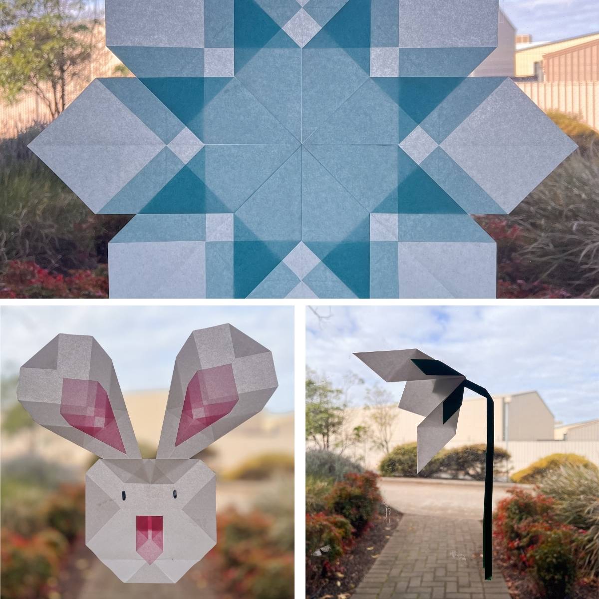 Three paper window designs displayed on a window pane.