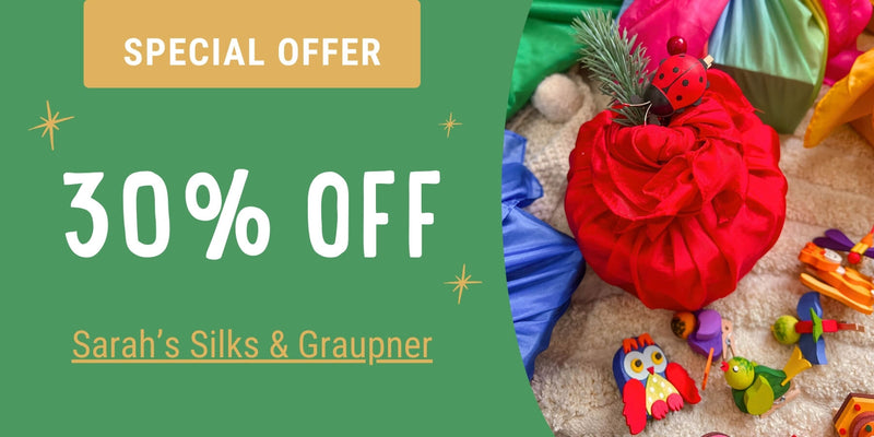 Promotional banner with '30% Off' offer from Sarah's Silks & Graupner on a green background.
