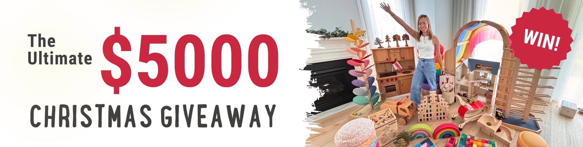 Promotional banner for a $5000 Christmas giveaway with a playroom filled with toys from Oskar's Wooden Ark