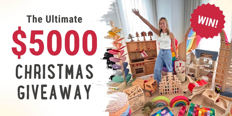 Promotional banner for a $5000 Christmas giveaway with a playroom filled with toys from Oskar's Wooden Ark