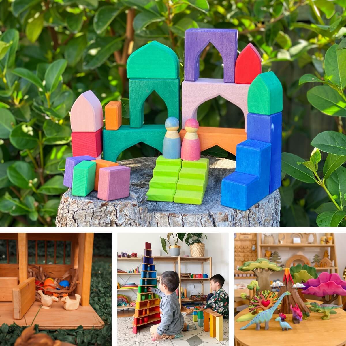 Wooden peg dolls and animal figurines as part of small world play