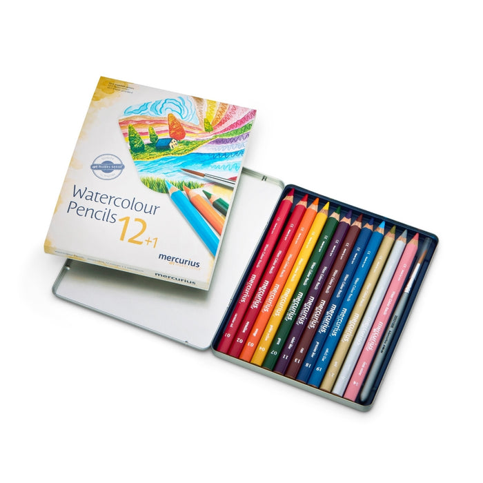 Mercurius Triangular Watercolour Pencils - 12 asst colours in tin case + cardboard sleeve, with watercolour brush from Australia