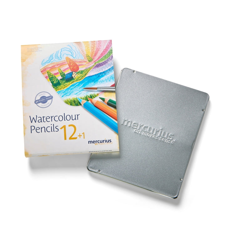 Mercurius Triangular Watercolour Pencils - 12 asst colours in tin case + cardboard sleeve, with watercolour brush from Australia