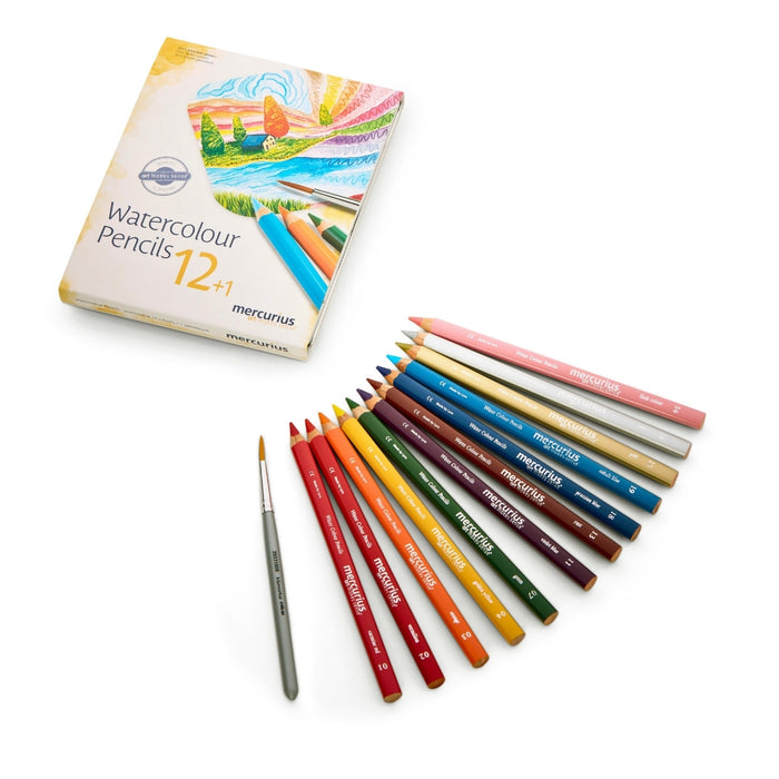 Mercurius Triangular Watercolour Pencils - 12 asst colours in tin case + cardboard sleeve, with watercolour brush from Australia