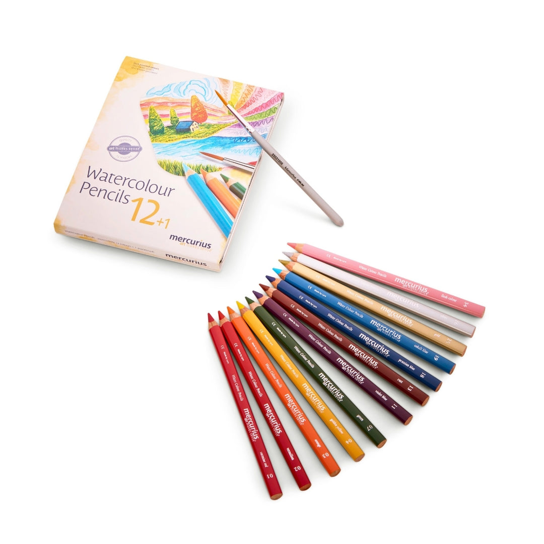 Mercurius Triangular Watercolour Pencils - 12 asst colours in tin case + cardboard sleeve, with watercolour brush from Australia