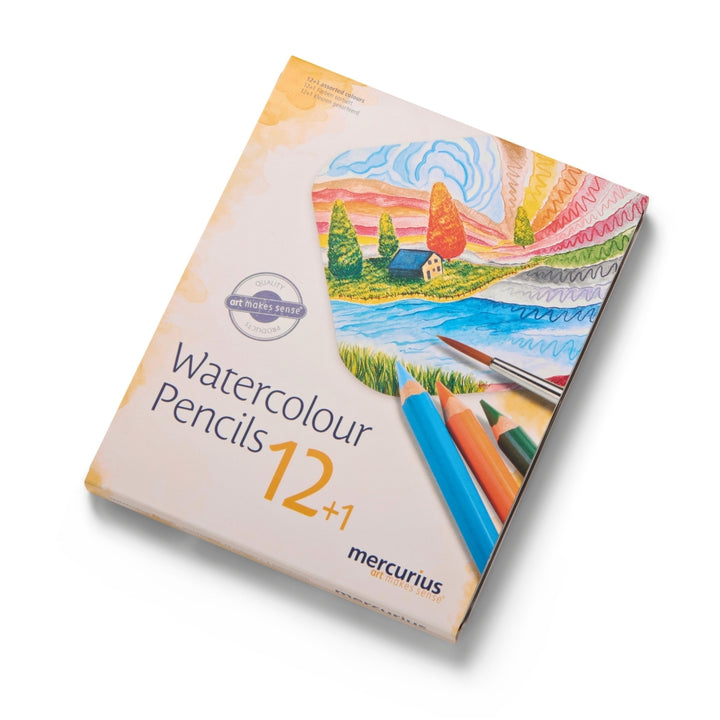 Mercurius Triangular Watercolour Pencils - 12 asst colours in tin case + cardboard sleeve, with watercolour brush from Australia