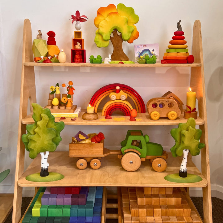 Wooden toys displayed on a shelf, arranged for an autumn-themed playroom decor in Australia