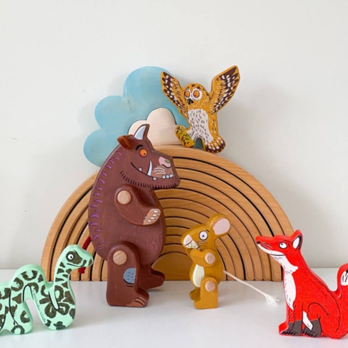 A collection of Gruffalo wooden figures displayed for a fun small world play.