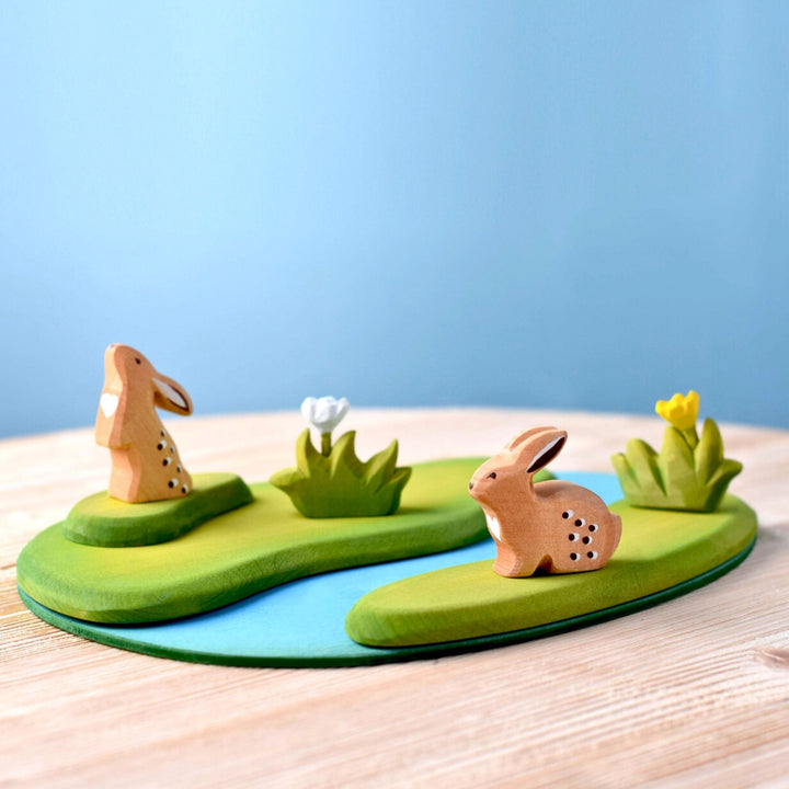 BumbuToys Handcrafted Easter Meadow Wooden Figures Bunnies, River Plate & Flowers Set of 5 from Australia