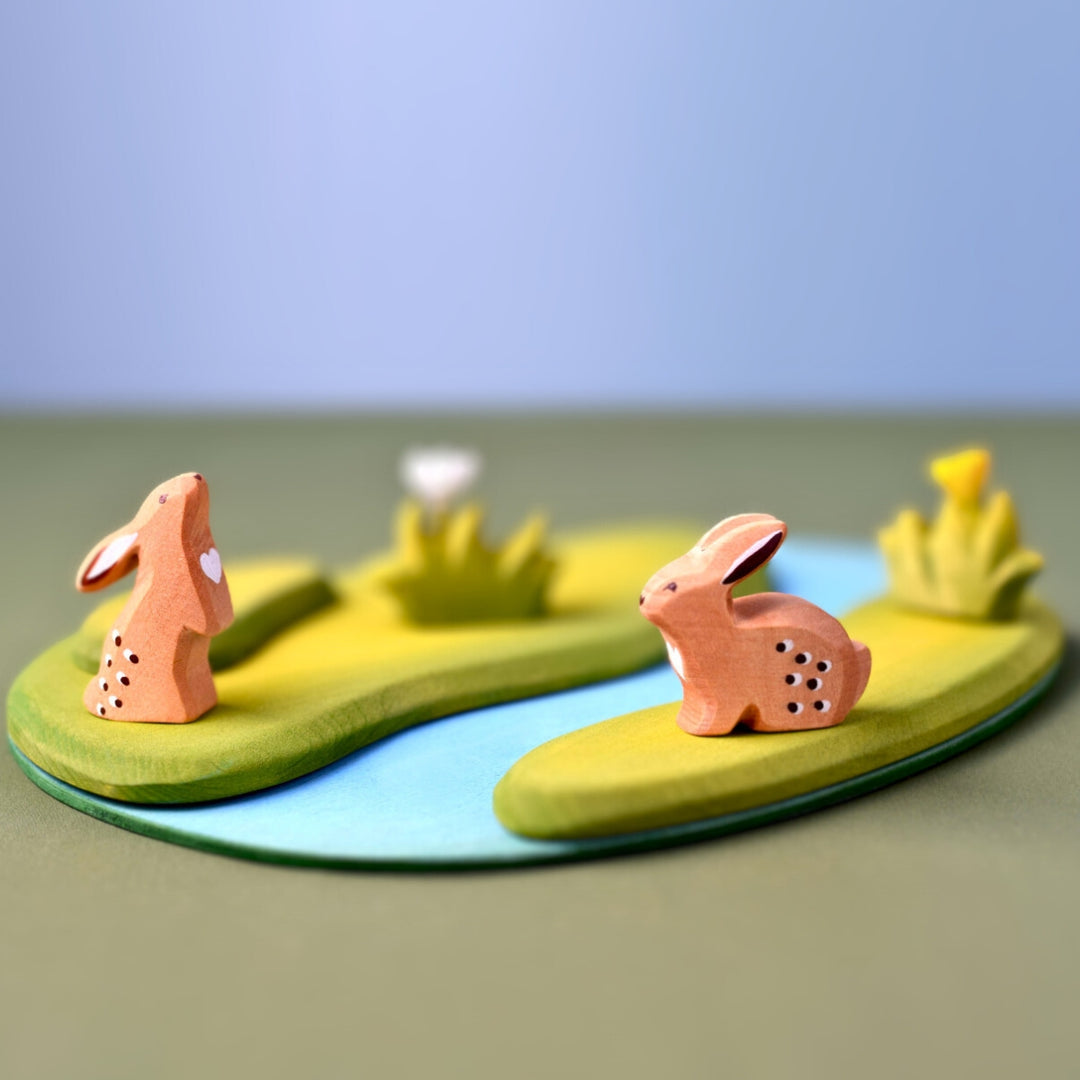 BumbuToys Handcrafted Easter Meadow Wooden Figures Bunnies, River Plate & Flowers Set of 5 from Australia