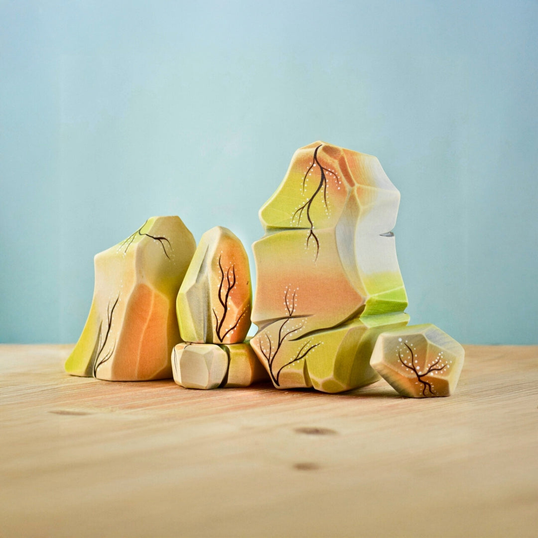 Bumbu Toys Handcrafted Landscape Wooden Figures Rainbow Rocks Set of 5 for Small World Play from Australia