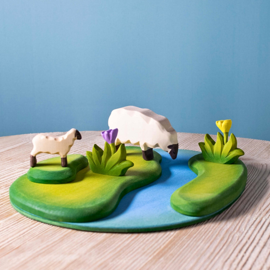BumbuToys Handcrafted Waterscape Wooden Figures Sheep & Lamb by the River Set of 5 from Australia 