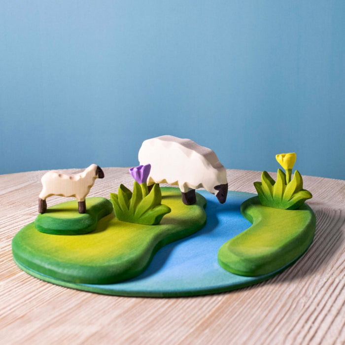 BumbuToys Handcrafted Waterscape Wooden Figures Sheep & Lamb by the River Set of 5 from Australia 