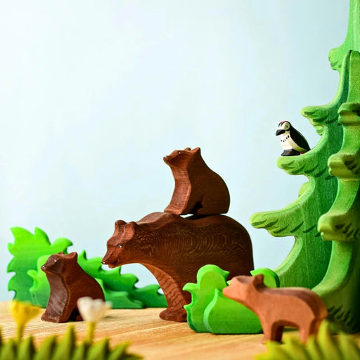 BumbuToys Handcrafted Wooden Animal Sitting Brown Bear Cub for Small World Play from Australia