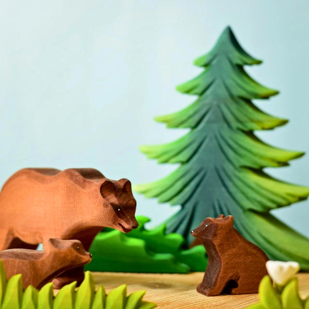 BumbuToys Handcrafted Wooden Animal Sitting Brown Bear Cub for Small World Play from Australia