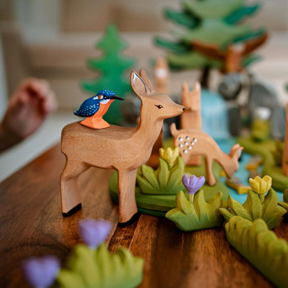 BumbuToys Handcrafted Wooden Animal Deer Doe from Australia in a small-world play setting