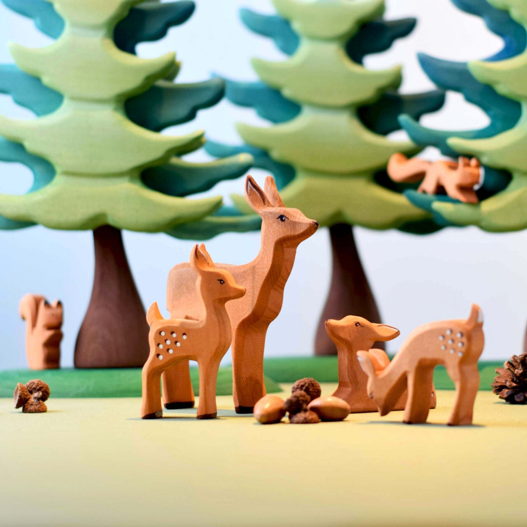 BumbuToys Handcrafted Wooden Animal Deer Doe from Australia in a small-world play setting