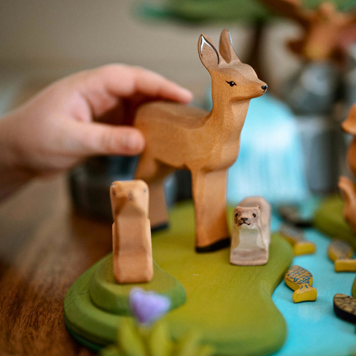 BumbuToys Handcrafted Wooden Animal Deer Doe from Australia in a small-world play setting