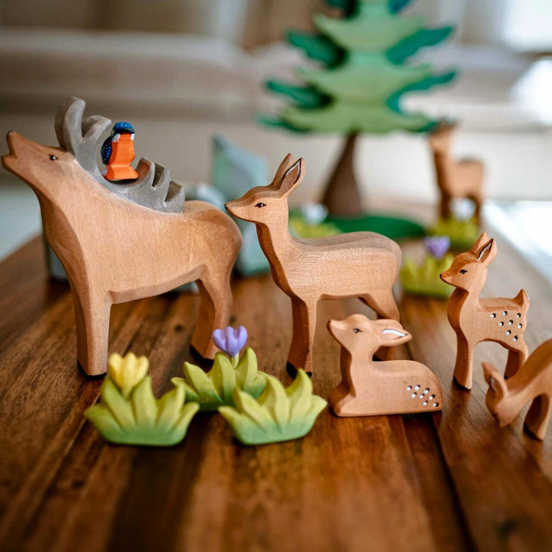 BumbuToys Handcrafted Wooden Animal Deer Stag from Australia in a small-world play setting