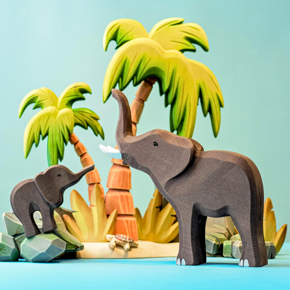 BumbuToys Handcrafted Wooden Animal Large African Elephant from Australia in a small-world play setting