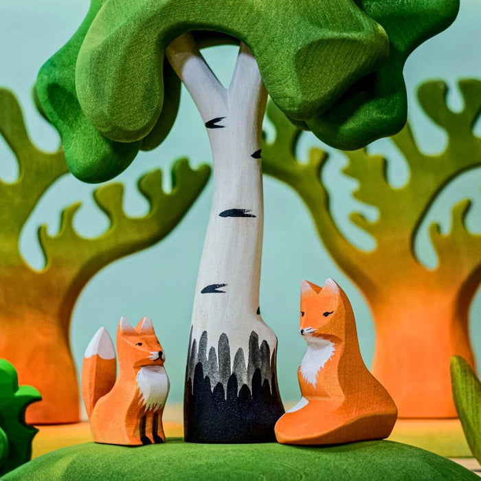 BumbuToys Handcrafted Wooden Animal Sitting Fox Cub from Australia in a small-world play setting